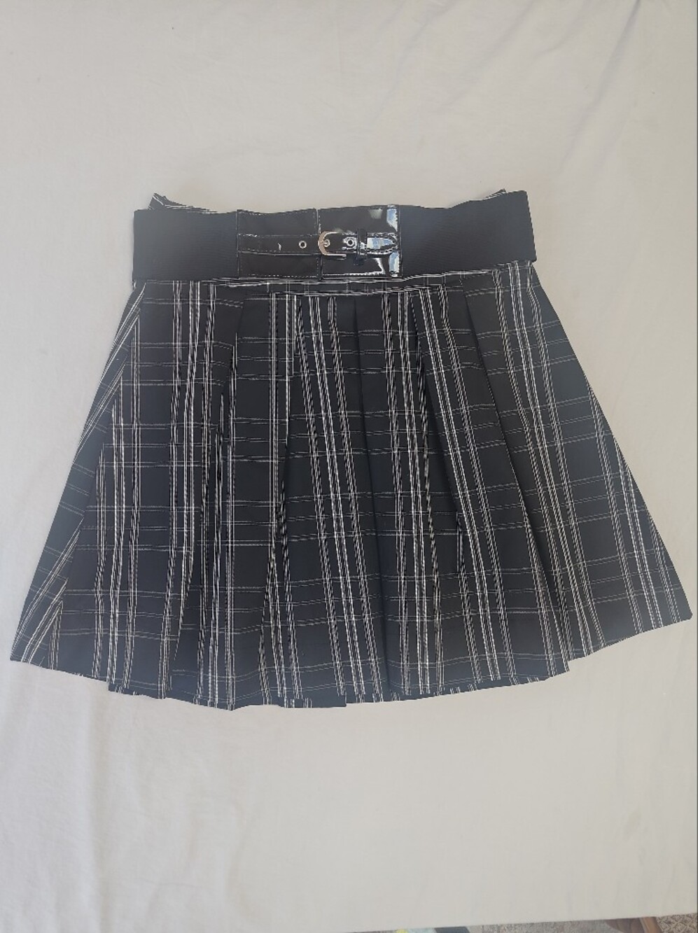 Maurices Black Plaid Pleated Skater Skirt with Patent Stretch Belt